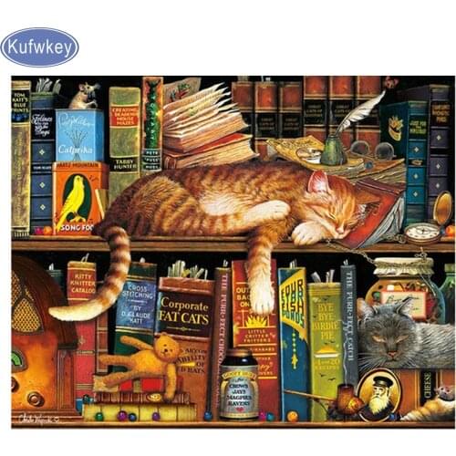 Full,5D,DIY,Diamond Painting bookcase cat,Needlework,Diamond Embroidery animal,3d Cross Stitch,Rhinestone,Home Decoration