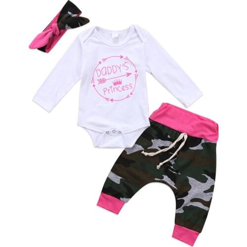 Pudcoco Fast Shipping Autumn Infant Baby Girls Princess Tops Romper + Camouflage Pants Outfit + Headband 3Pcs Set Clothes