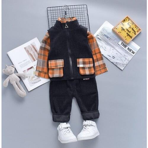 New Children Baby Boys Clothing Kids Spring Autumn Cotton Sweater Vest Plaid Shirt Pants 3pcs/Sets Infant Gentleman Casual Suits