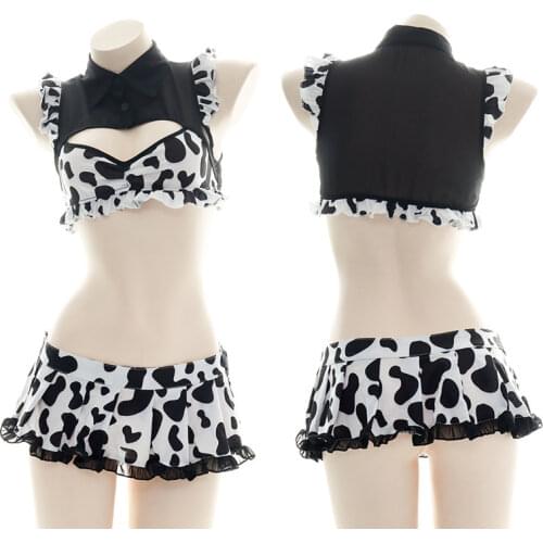 Sexy Role Play Cow Costume French Maid Outfit for Women Girls Cute Anime Sexy Cosplay Erotic Lingerie Hot Servant Miniskirt New