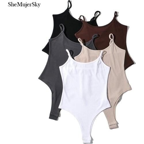 SheMujerSky Sexy Spaghetti Strap Bodysuits Women Summer Sleeveless Elastic Solid Color Tops Jumpsuits