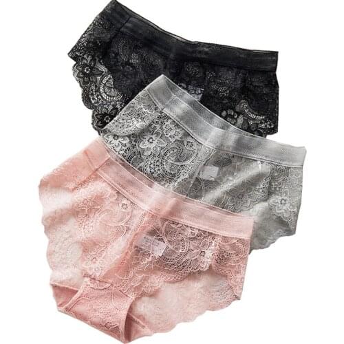 3Pcs/set Sexy Lace Panties Women Thong Transparent Seamless Lingerie Female Nylon Briefs Girls Cotton Crotch Low-Rise Underwear