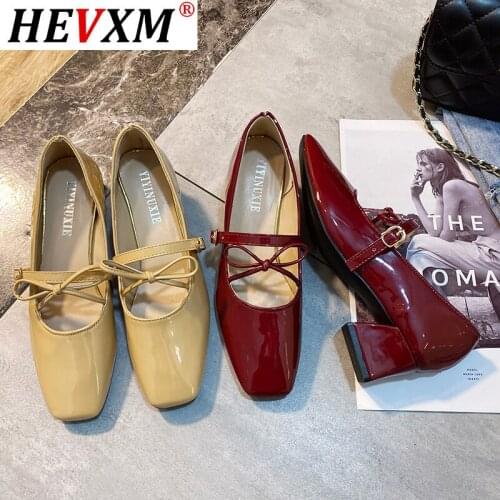 HEVXM 2021 Spring Mary Janes Women Pumps Leather Square Toe High Heels Shoes Woman Retro Sweet Butterfly-Knot Casual Pumps