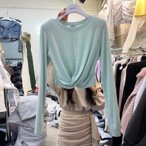 Women O Neck Long Sleeve Twist T-Shirt Crop Tops Solid Slim Knotted Front Short Tee Tops Shirts O Neck Solid Girls Top Shirt