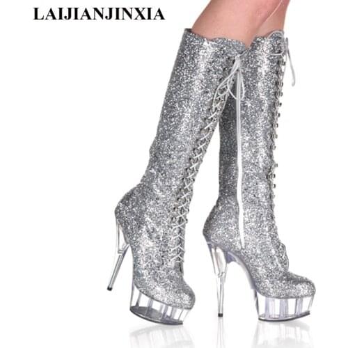 LAIJIANJINXIA 15cm High Heels knee high boots for women 6 inch high winter motorcycle boots sparkling sequined cloth Dance Shoes