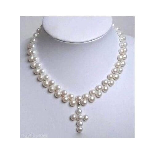 Choker Women Gift Genuine White Flat Pearl Cross Pendant Necklace Genuine Natural freshwater 925 noble ladys