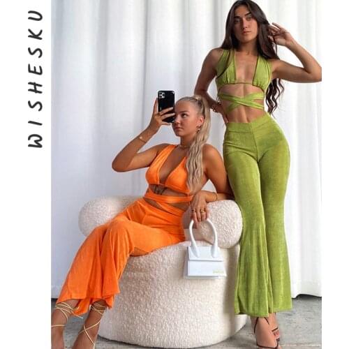 Sexy Cut Out Green Camisole Bandage Tank Tops Women High Waist Slim Flare Pants Outfits 2021 Summer Party Dating Y2K Clothes