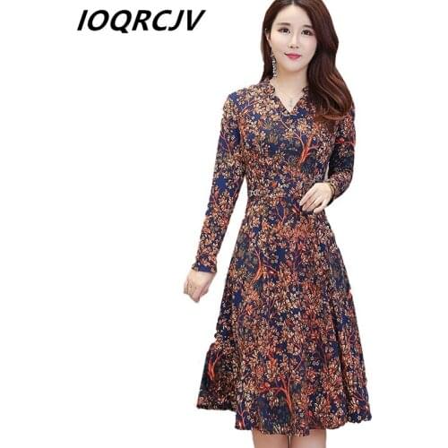 Spring fashion Floral Dress Women Sexy slim long sleeve V-neck Middle-Aged A-Line Midi Plus Size 5XL Women Dress 2019 Ladies