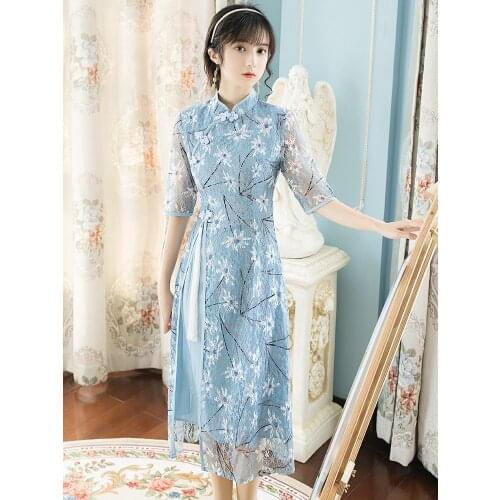 Girl Small Fresh Chinese Style Retro Fashion Cheongsam Improved Dress Robe Femme Printed Lace Elegant Dress Vestido de mujer