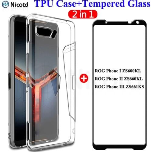 2-in-1 Full Coverage Black Tempered Glass + Transparent Slim Soft TPU Case For ASUS ROG Phone III ZS661KS II ZS660KL I ZS600KL