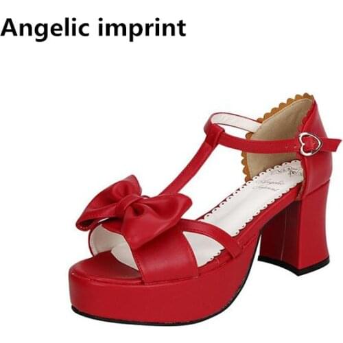Angelic imprint woman mori girl lolita cosplay shoes lady high heels T-Strap pumps women princess dress sandals lacework 7.5cm