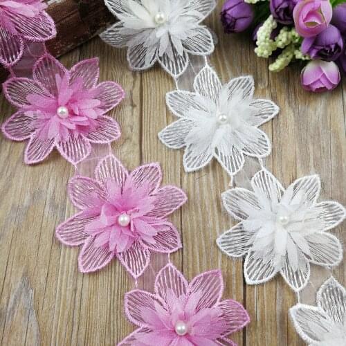 10PCS 3D Chiffon Eight Petals Flower Beaded Lace Trim Handmade Embroidered Fabric Applique Wedding Dress DIY Sewing Accessories