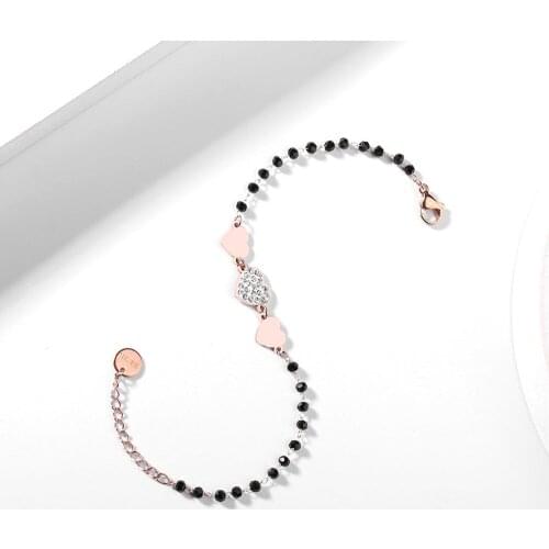 Stainless Steel Rose Gold Three Heart Charms Bracelet Black Crystal Beads Chain Bracelets For Women 2021 Steel Jewelry New Gifts