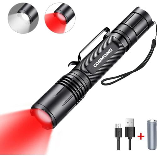 COSMOING 600 Lumens 400 Yards White Red Light Rechargeable LED Tactical Flashlight 18650 Tactical Weapon Light