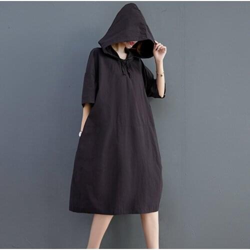 Korea Style Cotton Hooded Street Wear Fashion Summer Dress 2021 New Vintage Women Dress Holiday Travel Casual Shirt Dress