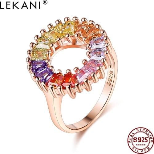 LEKANI S925 Sterling Silver Rainbow Rings For Women Authentic Wedding Ring Colorful Cubic Zirconia Circle Setting Fine Jewelry