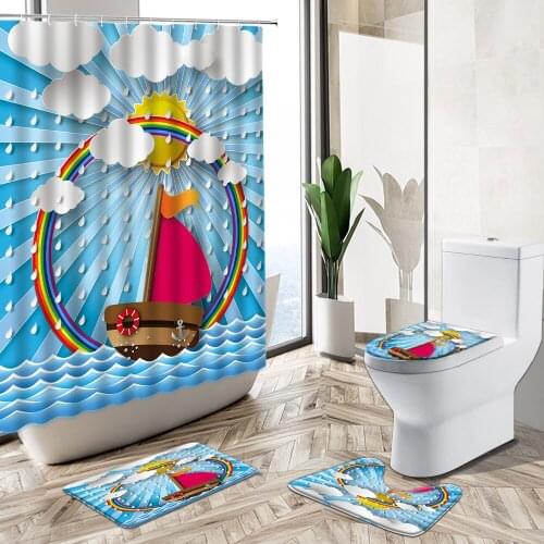 Cartoon Summer Nautical Shower Curtain Waves Lighthouse Anchor Rainbow 3D Print Non-Slip Pedestal Rug Toilet Cover Bathroom Set