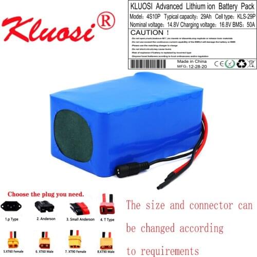 KLUOSI 4S10P 14.8V 29Ah 14.4V 600Watt 16.8V Lithium Battery Pack with 50A BMS for Inverter Smart Robot High-power Equipment Etc