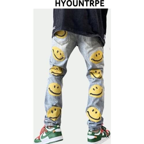 Graffiti Smile Printed Knee Holes Ripped Destroied Denim Jean Mens Distressed Biker Jeans Fashion High-street Slim Pants Joggers