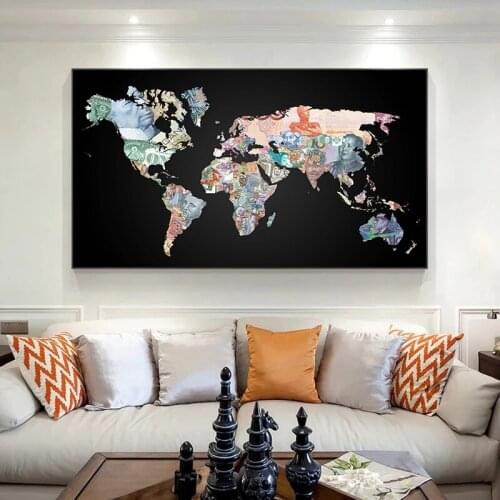 Wall Art Canvas Paintings Creative Painting Money World Map Posters and Prints Wall Art Pictures Cuadros For Living Room Decor