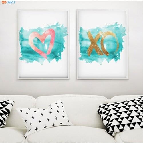 Heart XO Print Turquoise and Coral Wall Decor Nursery Wall Art Pink Girls Bedroom Decor Canvas Poster Print Painting Pictures