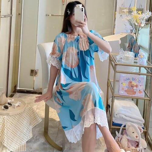 New Thin Slash Neck Nightdress Women Sexy Cotton Summer Dress Short Sleeve Print Sleepwear Nightgowns Loose Lady Nightshirt
