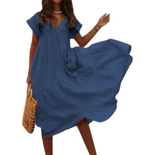 Boho Solid Color Dress Women V Neck Short Sleeve Casual Summer Loose Irregular Maxi Dress 2020