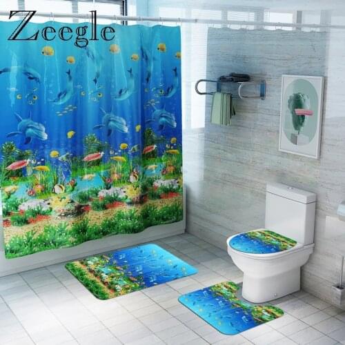Underwater World Bathroom Curtain Waterproof Shower Curtain Set Anti Slip Toilet Rug Bathroom Carpet Absorbent Bath Mat Set