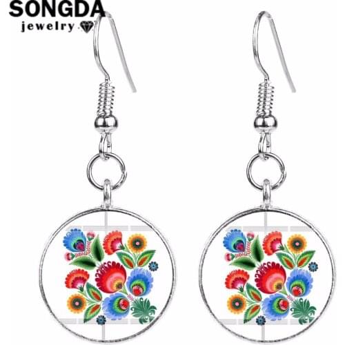 SONGDA Polish Folk Art Pattern Earrings Ethnic Bohemia Animal Flower Print Round Drop Dangle Earrings for Women Fashion Jewelry