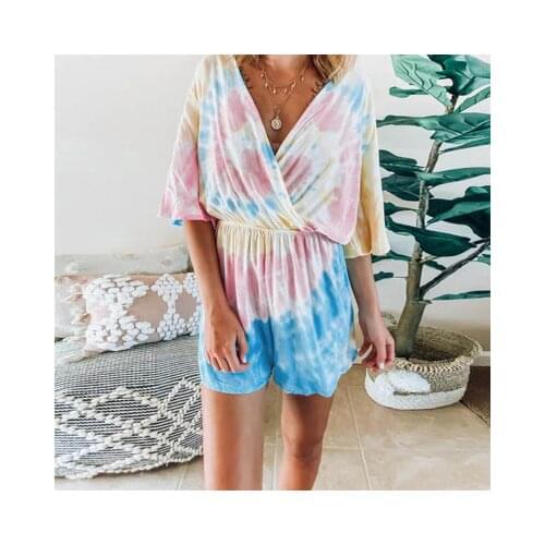 New Summer Womens Casual Short Sleeve V-neck Elastic Waist Tie Dyed Panties Shorts Women