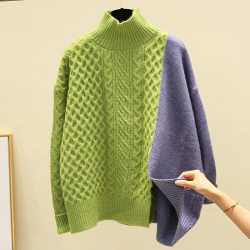 Womens Contrast Patchwork Half Turtleneck Sweater Womens Winter Korean Loose Turtleneck Student Knit Sweaters Pullovers ML209