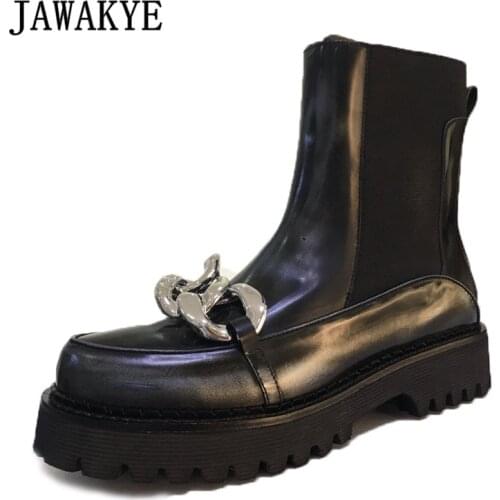 Vintage Gold Chain Platform Brown Boots for Women Genuine Leather Slip-on Thick Sole Chelsea Boots British Round Toe Short Botas