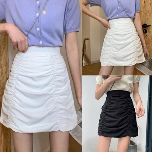 Womens Short Skirt Pleated High Waist 2021 Summer New Solid Color Ladies Thin Flavor Vintage Bag Hip Female Skirts