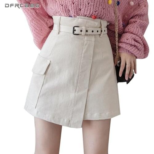 Summer 2020 Safari Style Streetwear Womens A-Line Skirt With Belt High Waist Casual Cargo Mini Skirts Femme Stretch Saia
