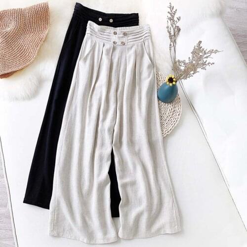 Wasteheart New Women Fashion Black Khaki Long Pants Wide Leg Pants High Waist Female Pants Loose Casual Pockets Cotton Linen