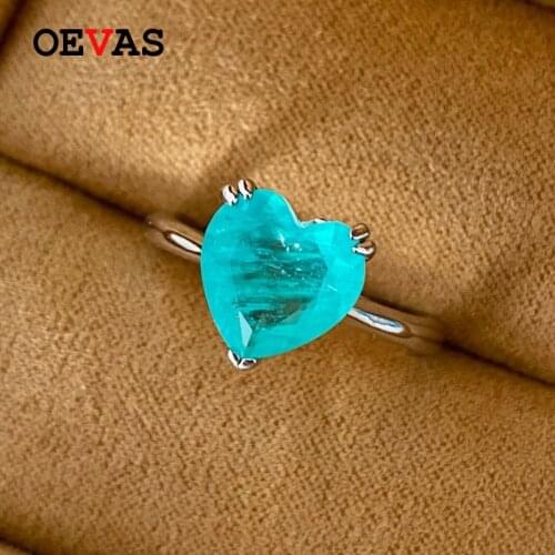 OEVAS 100% 925 Sterling Silver Fashion 10*10mm Heart Synthesis Paraiba Tourmaline Gemstone Rings For Women Party Fine Jewelry