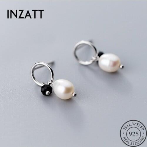 INZATT Genuine S925 Sterling Silver Cute Stud Earrings For Fashion Women Wedding Party Pearl Black Crystal Mature Temperament