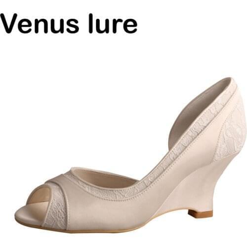 Venus lure Custom Handmade Ladies Lace Ivory Bridal Wedge Shoes Peep Toe Wedding Shoes