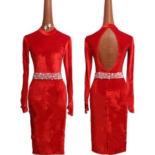 High-end Red Latin Dance Dress Women Velvet Practice Skirt Performance Costume High Collar Long Sleeve Wrapped Hip Dresses