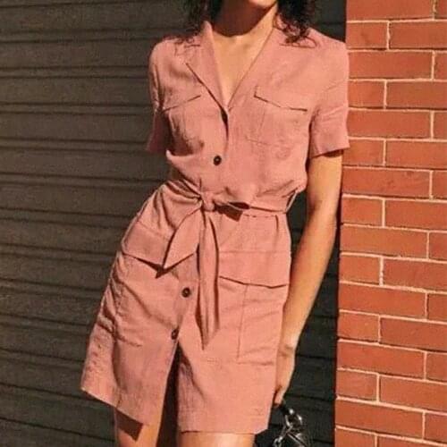 Pink Midi Dress Straight Pocket Short Sleeve Turn Down Neck Buttons Elegant Vintage Military Robes Retro 2021 Summer Dress Femme