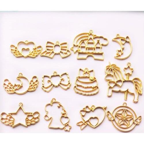 12pcs unicorn star moon Open Bezel Metal Frame Pendant Gold Charm Bezel Setting Cabochon Setting UV Resin Charm