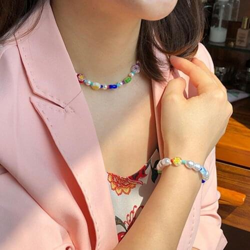 2021 Bohemian Color Handmade Imitation Pearl Necklace Color Necklace Beach Women Jewelry Gift