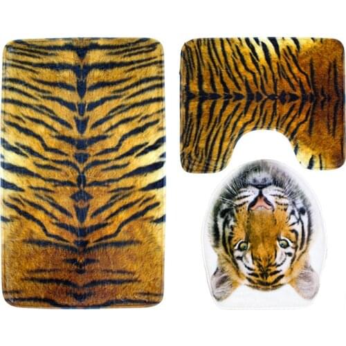3pcs/set Tiger Leopard Bathroom Mat Set Carpet Toilet Cover Bath Mat Set Kit Flannel Anti-Slip Toilet Rug Washable Floor Mat Pad