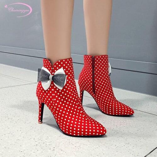 Sweet style sexy pointed toe ankle boots fashion bowknot dots cloth black white red high heel stiletto riding boots women shoes