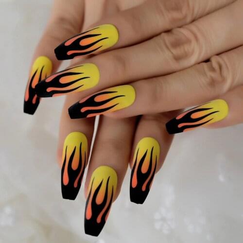 Long Fire Coffin Nail Tips Flame Yellow Full Flame Ballerina Nails Matte Unique Cool False Nails Sets 24Ct