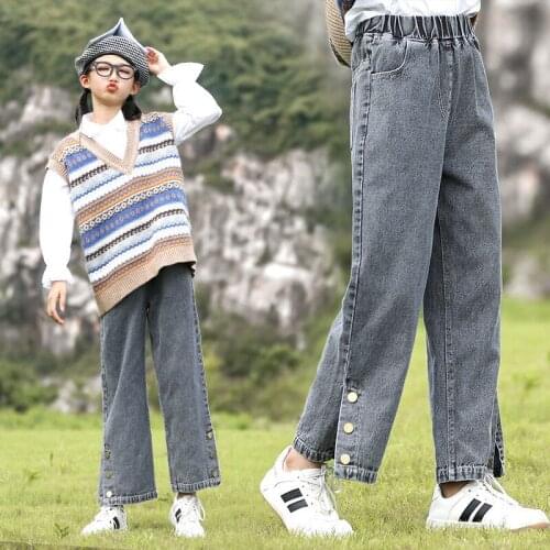 Teenage Girls Jeans 2021 Spring Summer Casual Fashion Loose Jeans Kids Leg Wide Pants School Children Trousers 10 12 13 14 Years
