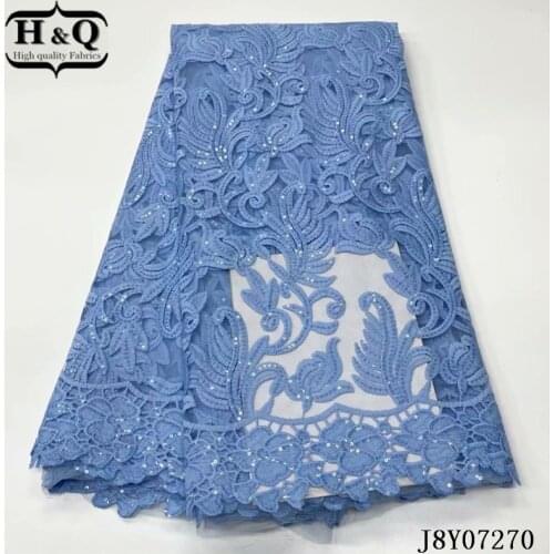 H&Q sky blue net sequin fabrics african lace fabric 2021 high quality french lace 5 yard for nigerian wedding dresses material