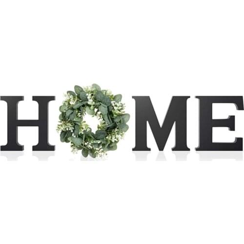 Hot XD-Wood Home Sign for Wall Decor Wooden Home Letters with Wreath Artificial Eucalyptus Farmhouse Home Sign for Living Room