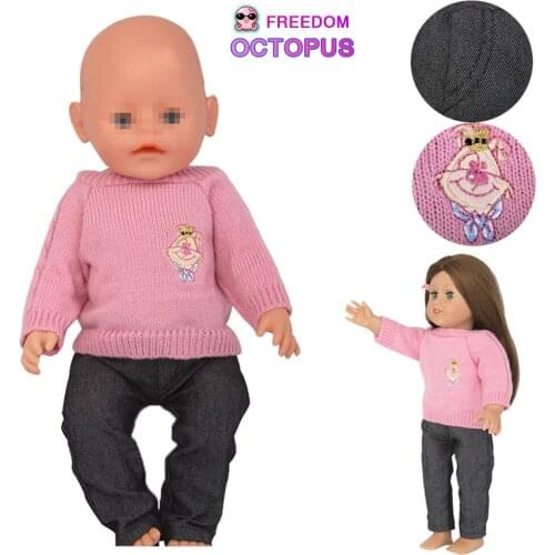 Cute Cartoons Doll Suit Clothes Pink Sweater + jeans Set For 43cm New Baby 18 Inches American Dolls Girls Gift