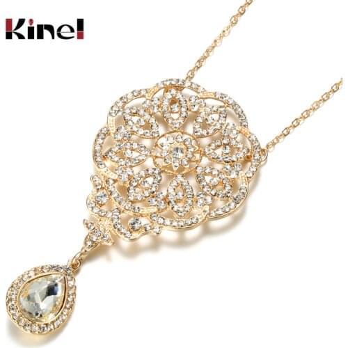 Kinel Fashion Gold Color Crystal Flower Necklace Shining Bling AAA Zircon Women Charm Boho Jewelry Ethnic Bride Wedding Necklace